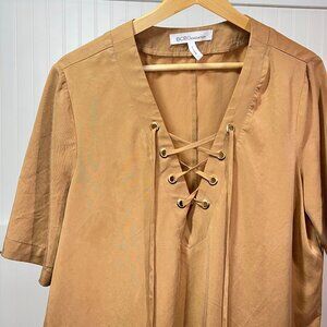 BCBGeneration Brown Shift Dress Lace Up Neck Pockets Short Sleeve Lyocell